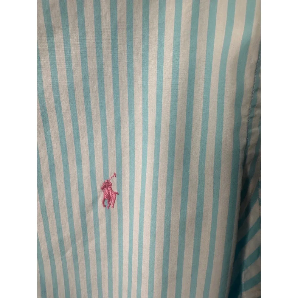 Polo Ralph Lauren Slim Fit Shirt Mens Large Blue White Striped Cotton Pink Pony